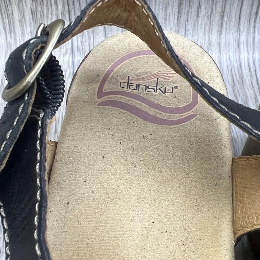 Dansko Black and Tan Wedge Sandals